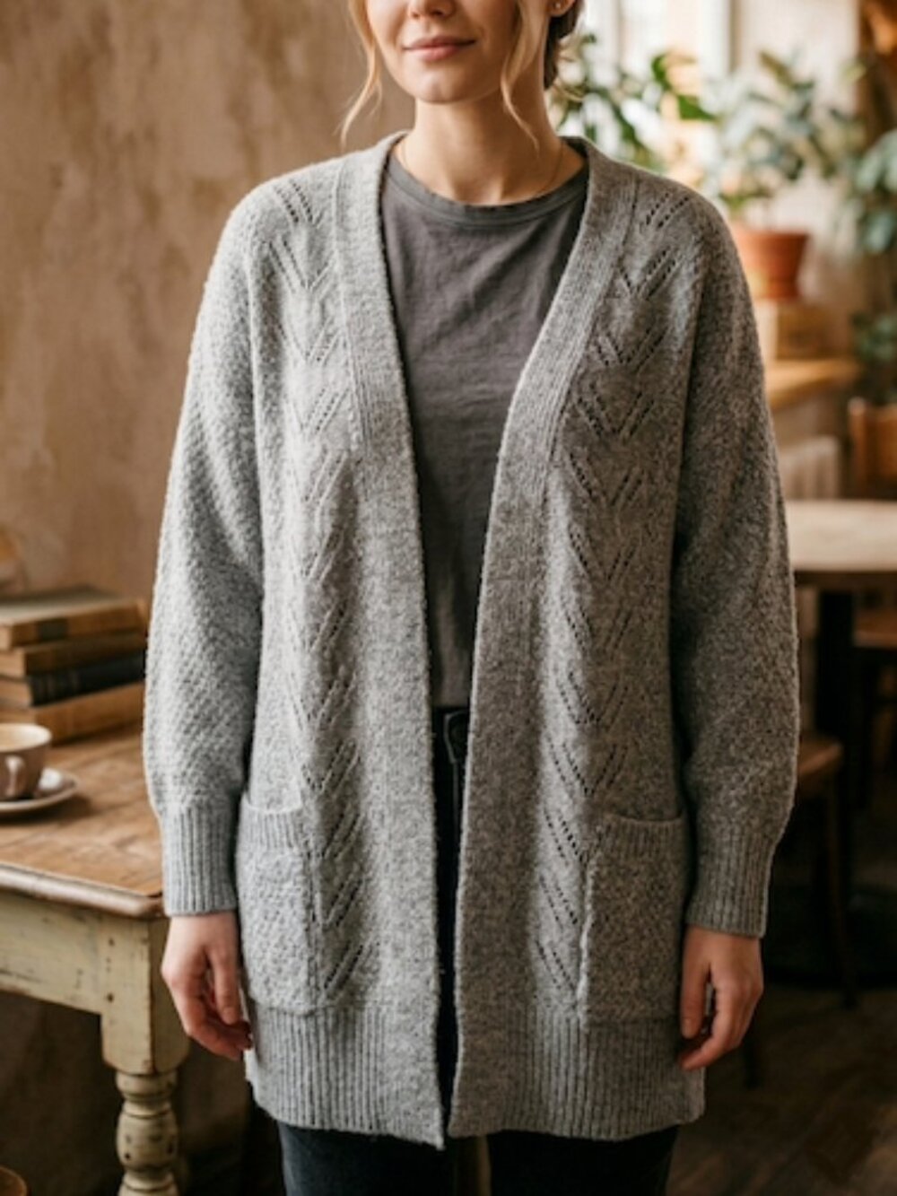 Ultra Flirt Open Front Chevron Pointelle Knit Cardigan Grey Large